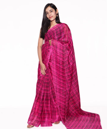 Magenta Colour Geometric Print Kota Doria Saree